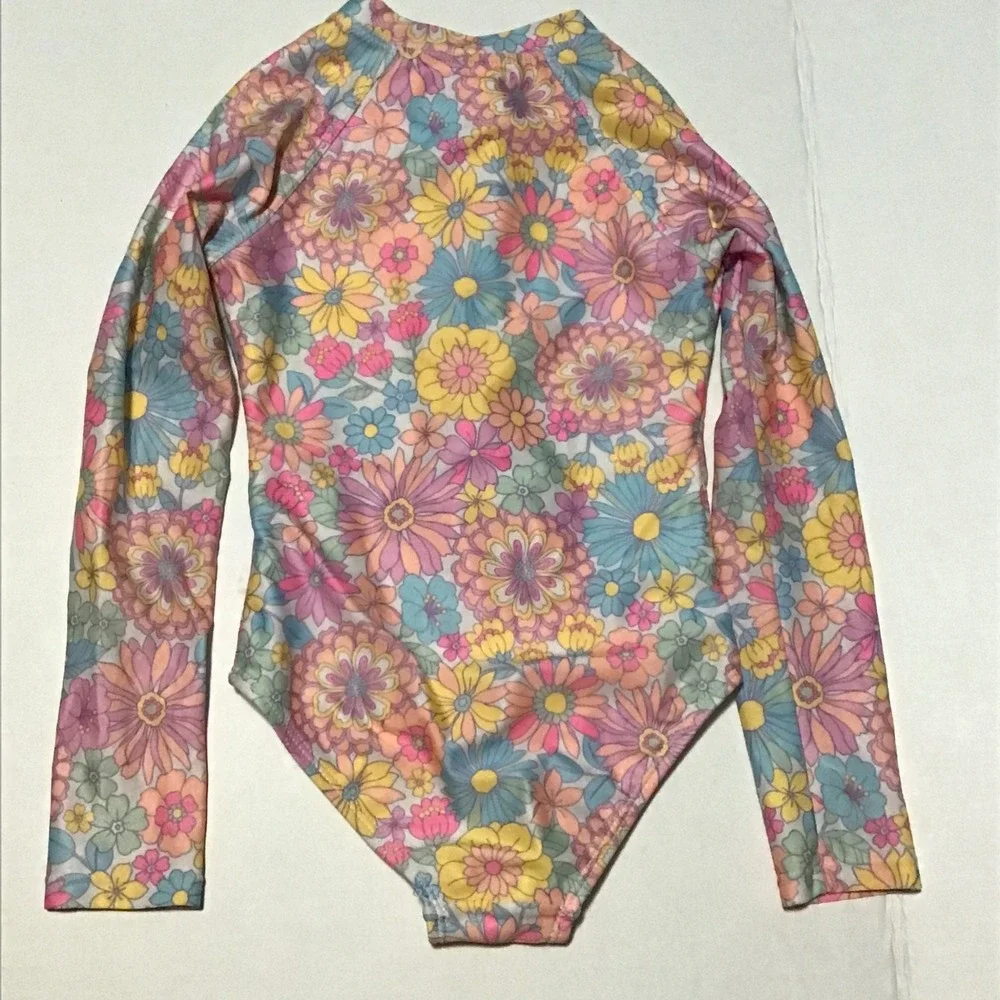 Wonder Nation Kids Floral Long Sleeve One Piece Swimsuit XS 4-5 Retro Pastel Zip
